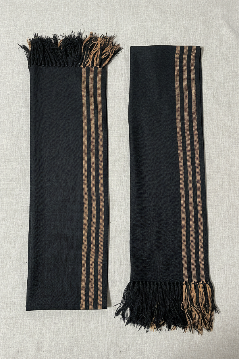 Bufandas negras doradas flat lay