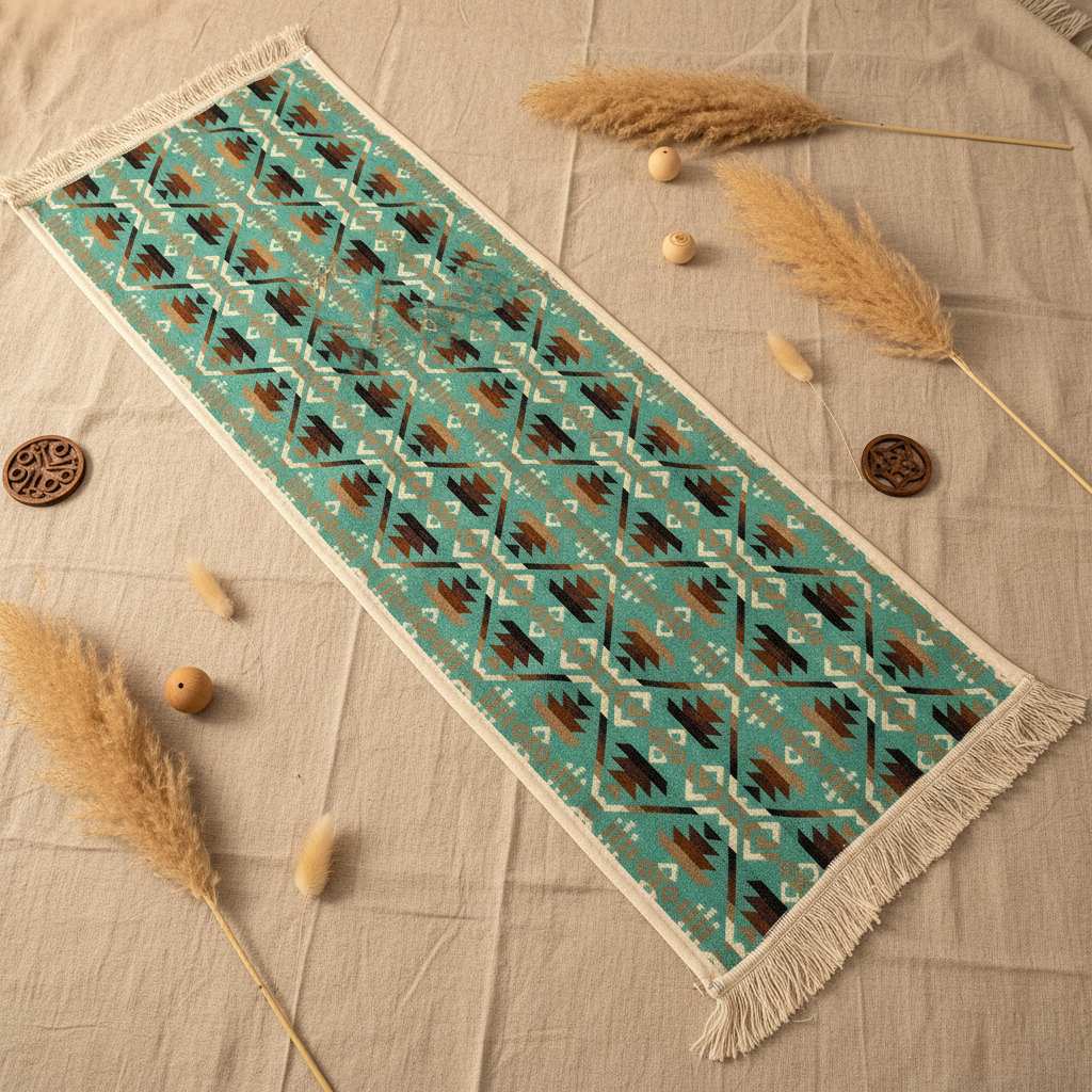 Pie de cama turquesa denso - flat lay